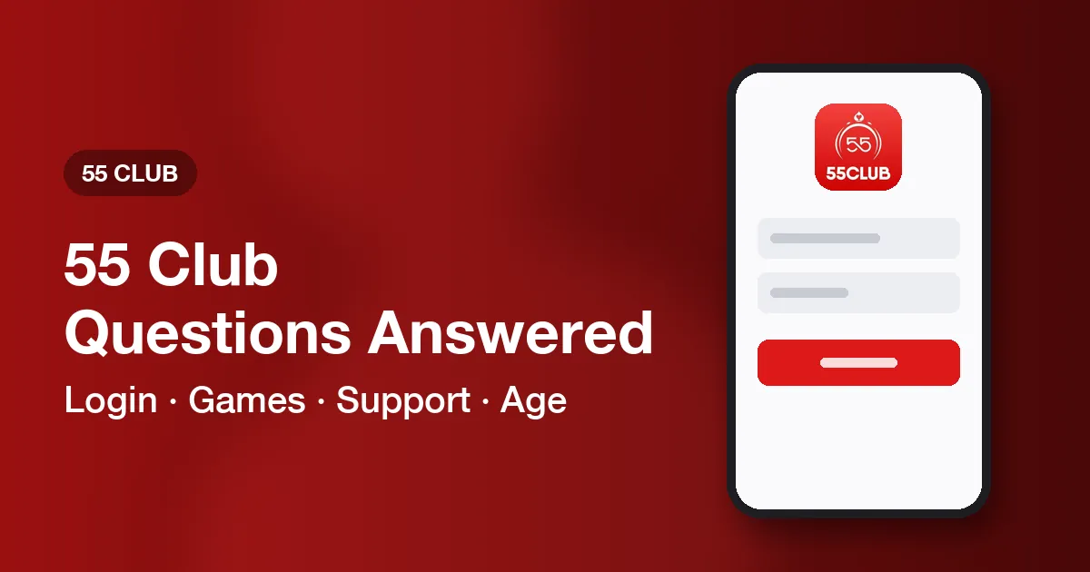 Banner for the 55 Club FAQ page covering login, games, support and age topics